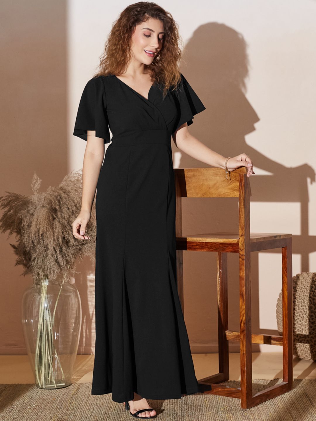Front Wrap Maxi Gown with Flared Sleeves