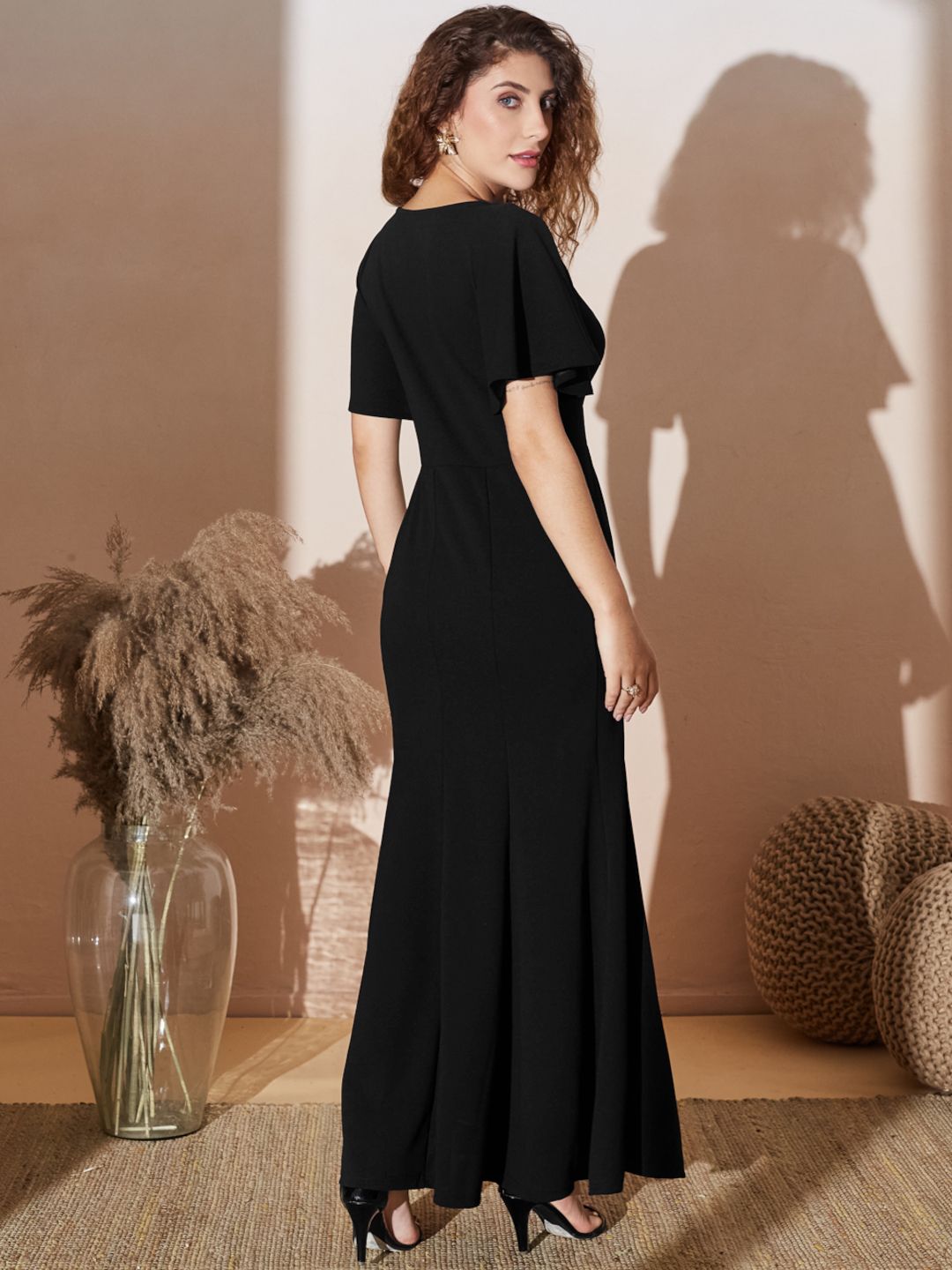 Front Wrap Maxi Gown with Flared Sleeves