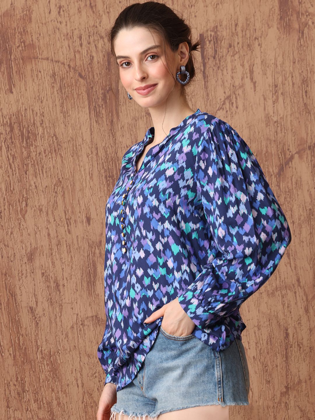 Women's Ikat Print Tunic with Mandarin Collar