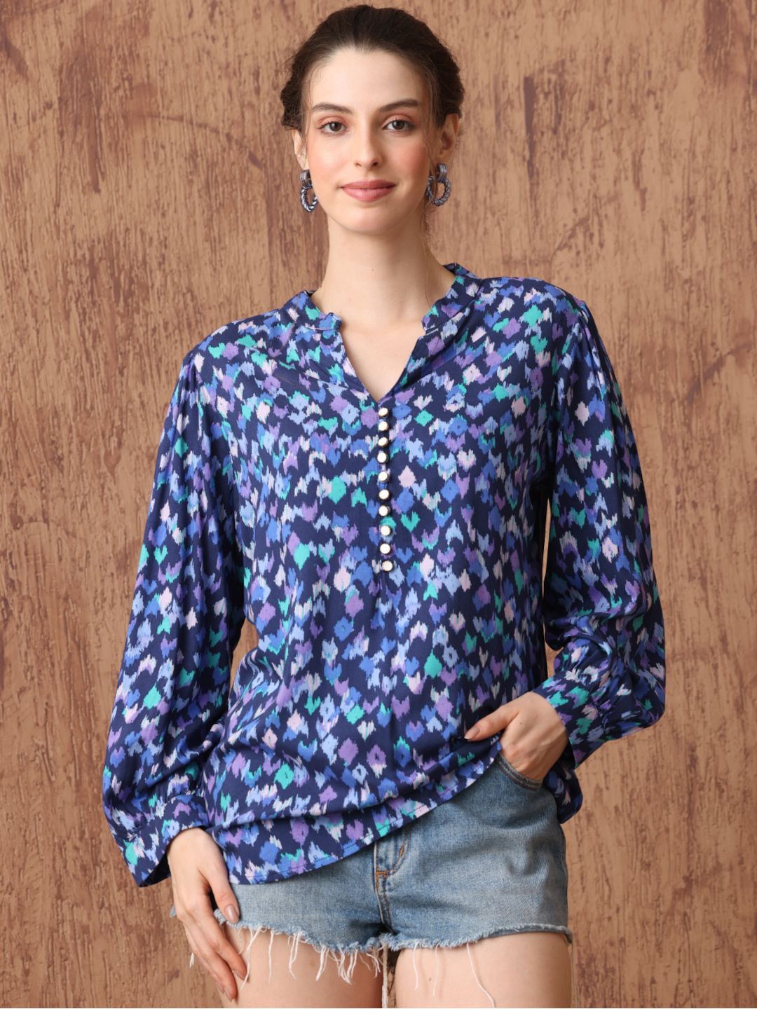 Women's Ikat Print Tunic with Mandarin Collar
