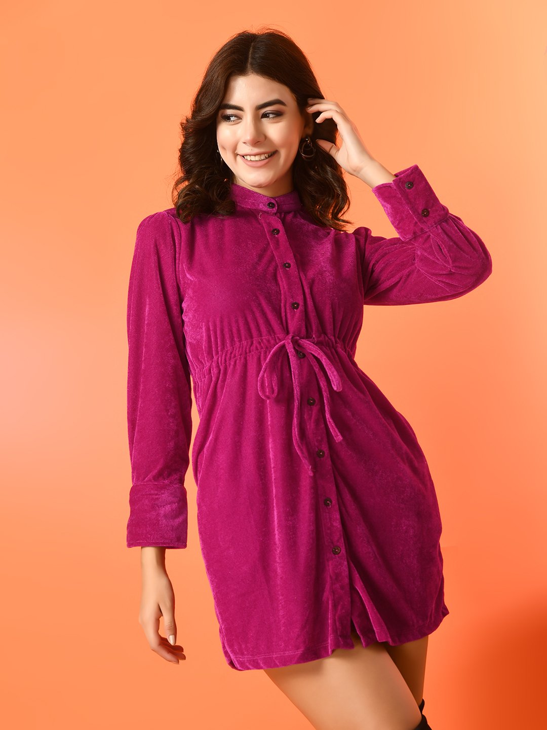 Magenta Long Sleeve Velvet Shirt Dress for Women