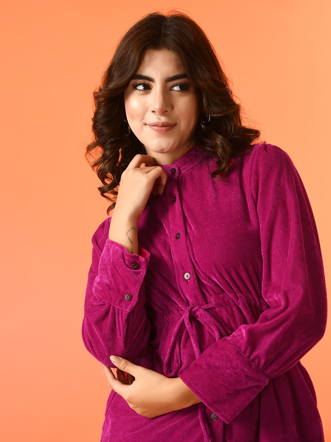 Magenta Long Sleeve Velvet Shirt Dress for Women
