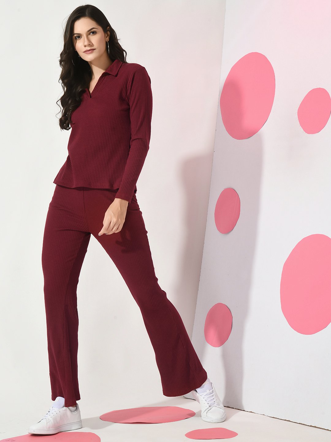 Maroon Ribbed Collar Co-ord Set with Full Sleeves Top & Trousers