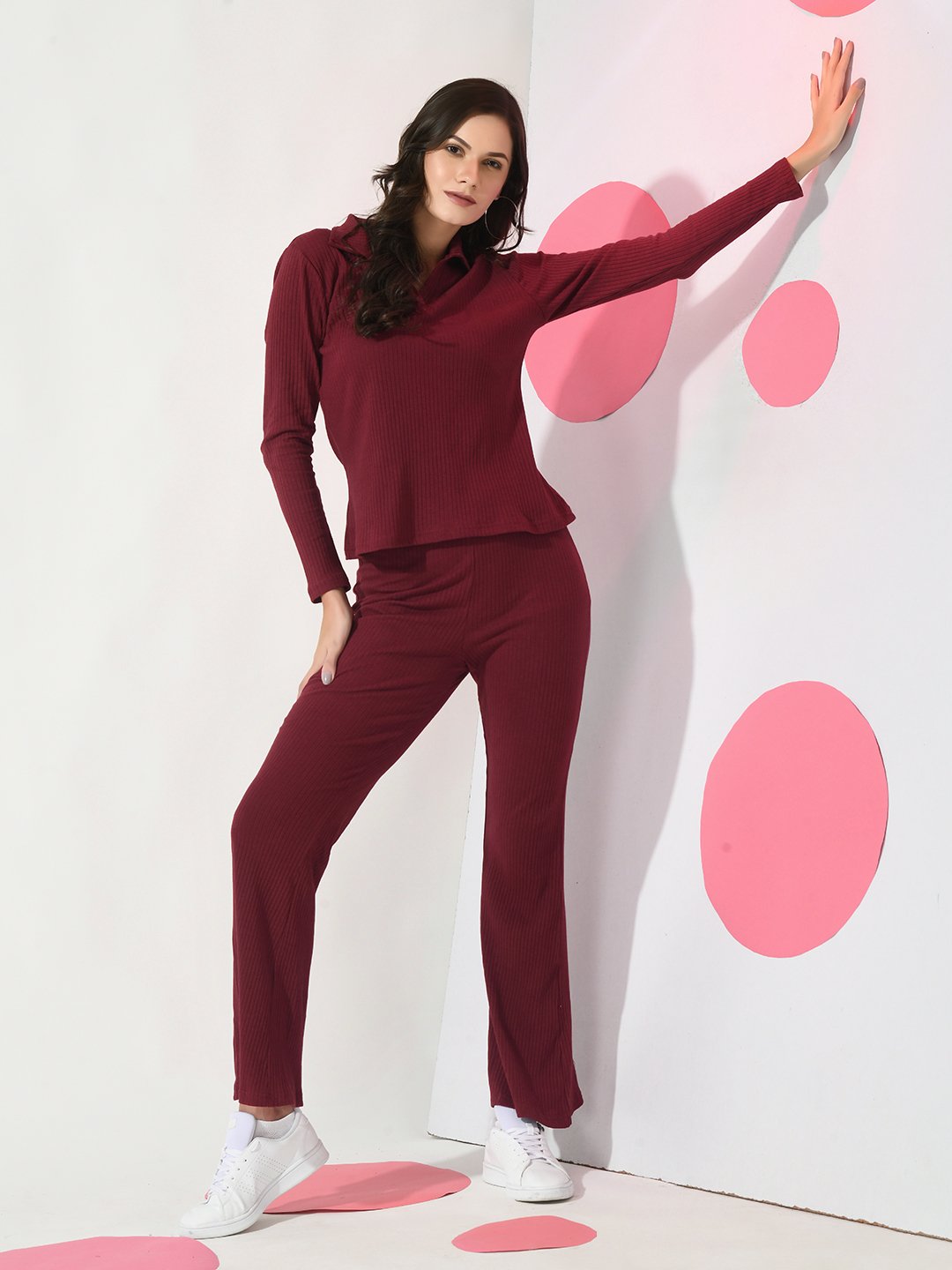 Maroon Ribbed Collar Co-ord Set with Full Sleeves Top & Trousers