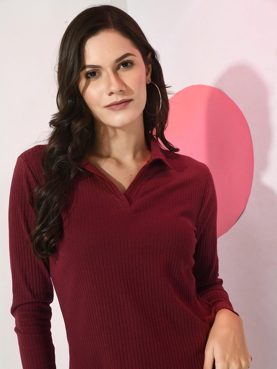 Maroon Ribbed Collar Co-ord Set with Full Sleeves Top & Trousers