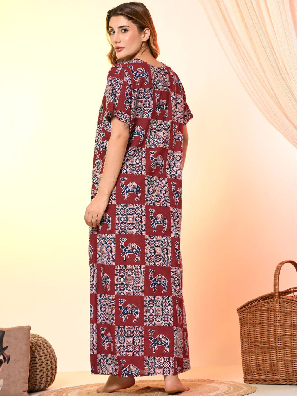Women's Cotton A-Line Nighty with Patch Print