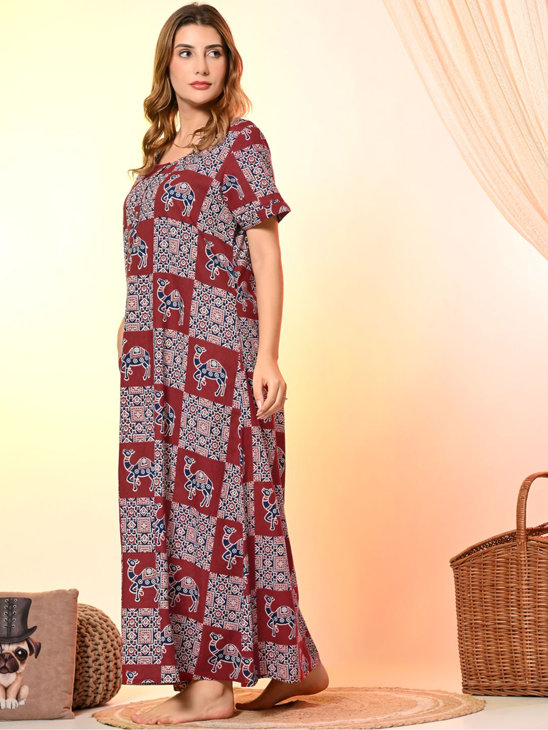 Women's Cotton A-Line Nighty with Patch Print