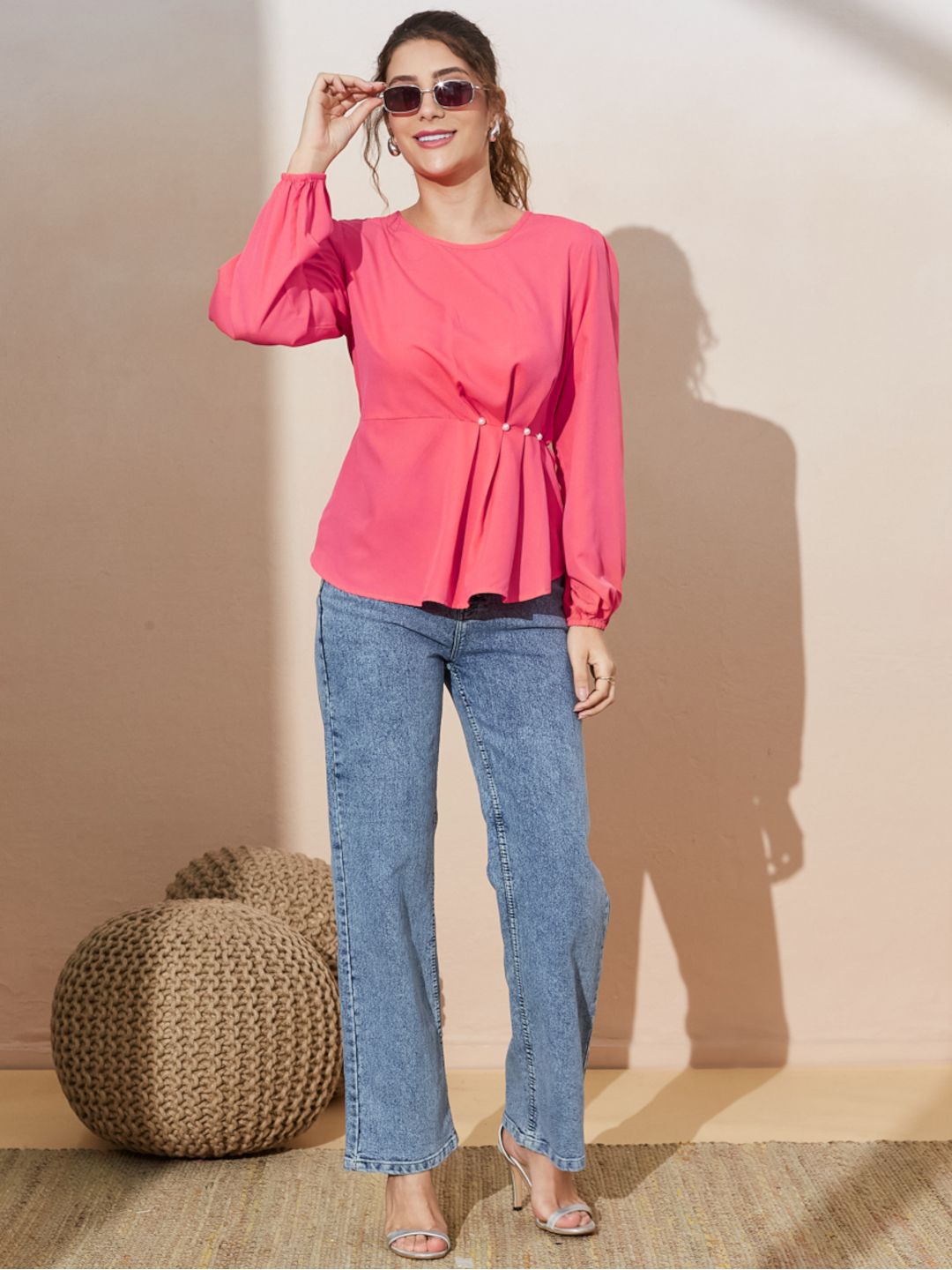 Elegant Peplum Blouse with Waist Pleats