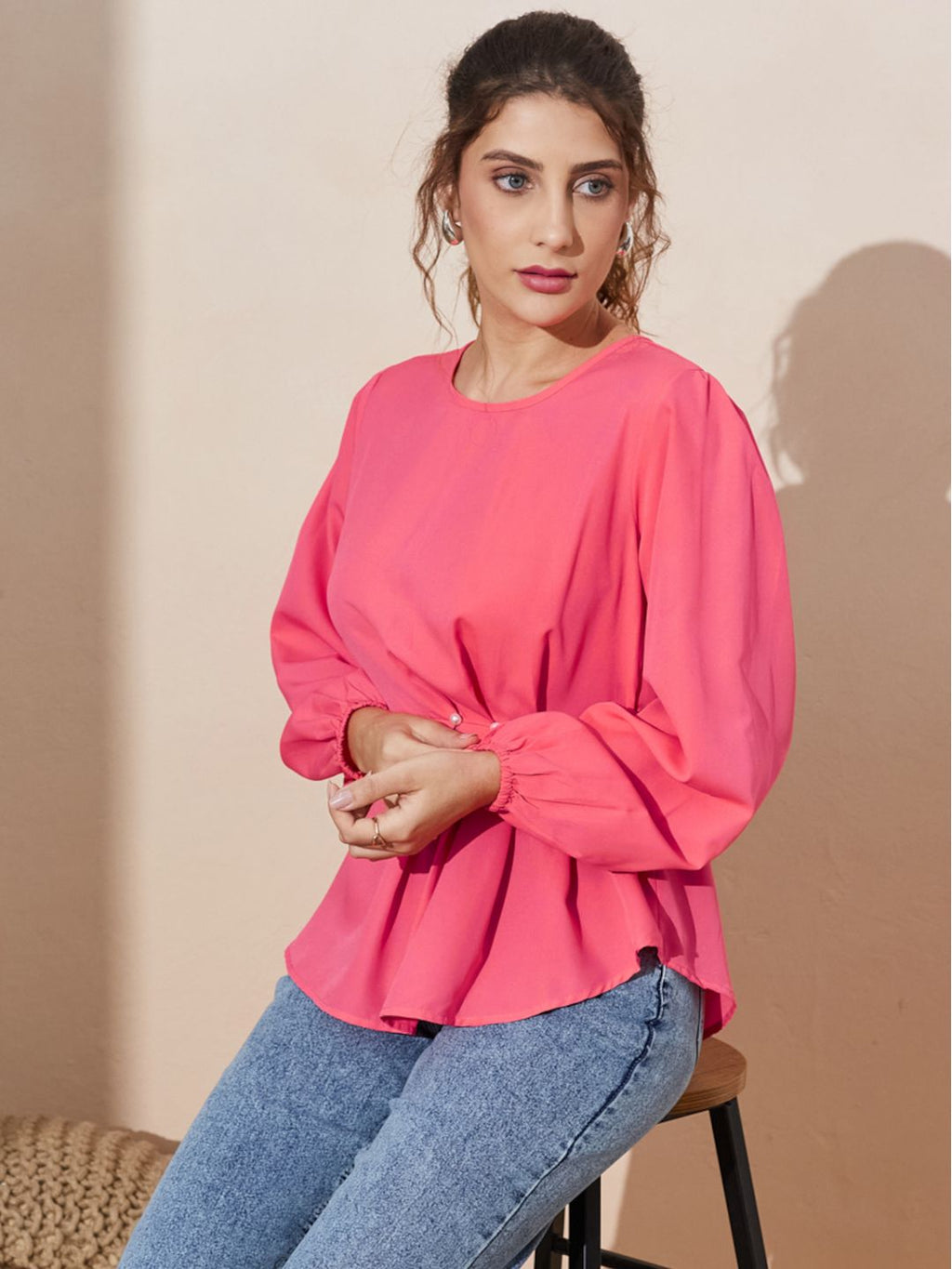 Elegant Peplum Blouse with Waist Pleats