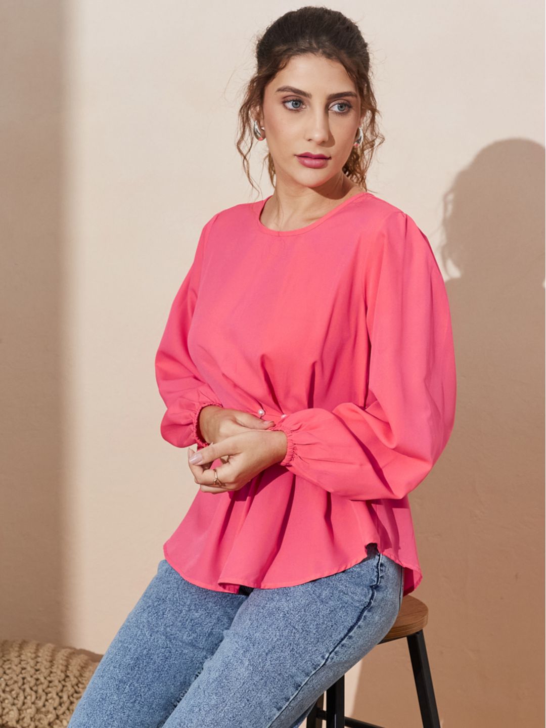 Elegant Peplum Blouse with Waist Pleats