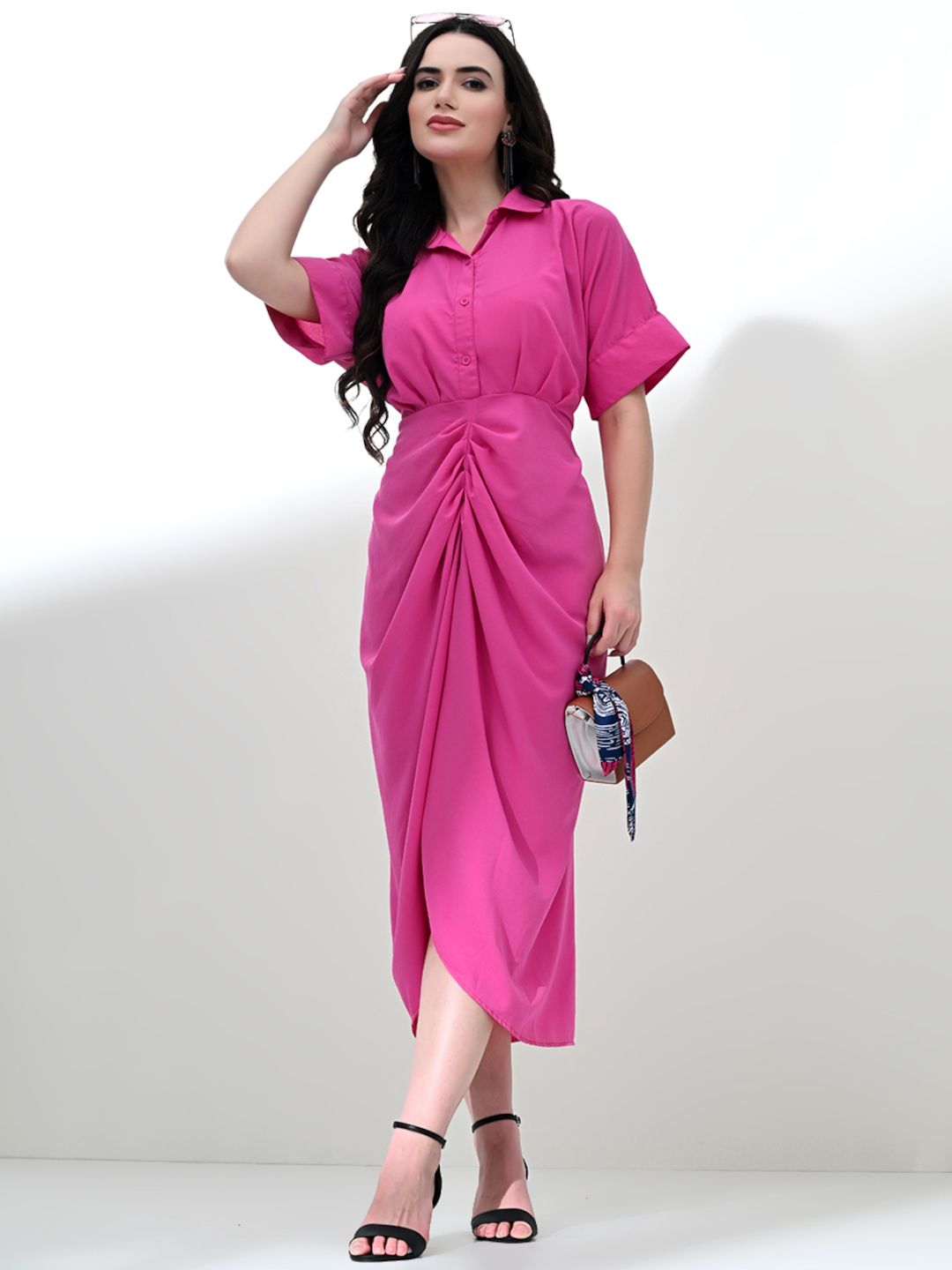 Chic Draped Shirt Dress with Waist Belt in Pink