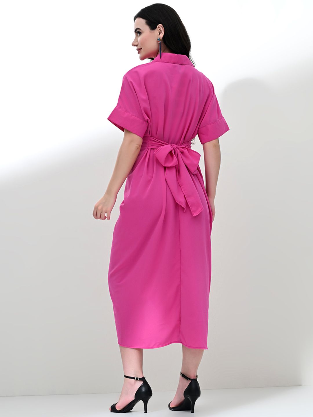 Chic Draped Shirt Dress with Waist Belt in Pink