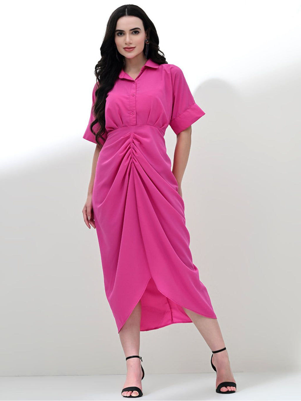 Chic Draped Shirt Dress with Waist Belt in Pink