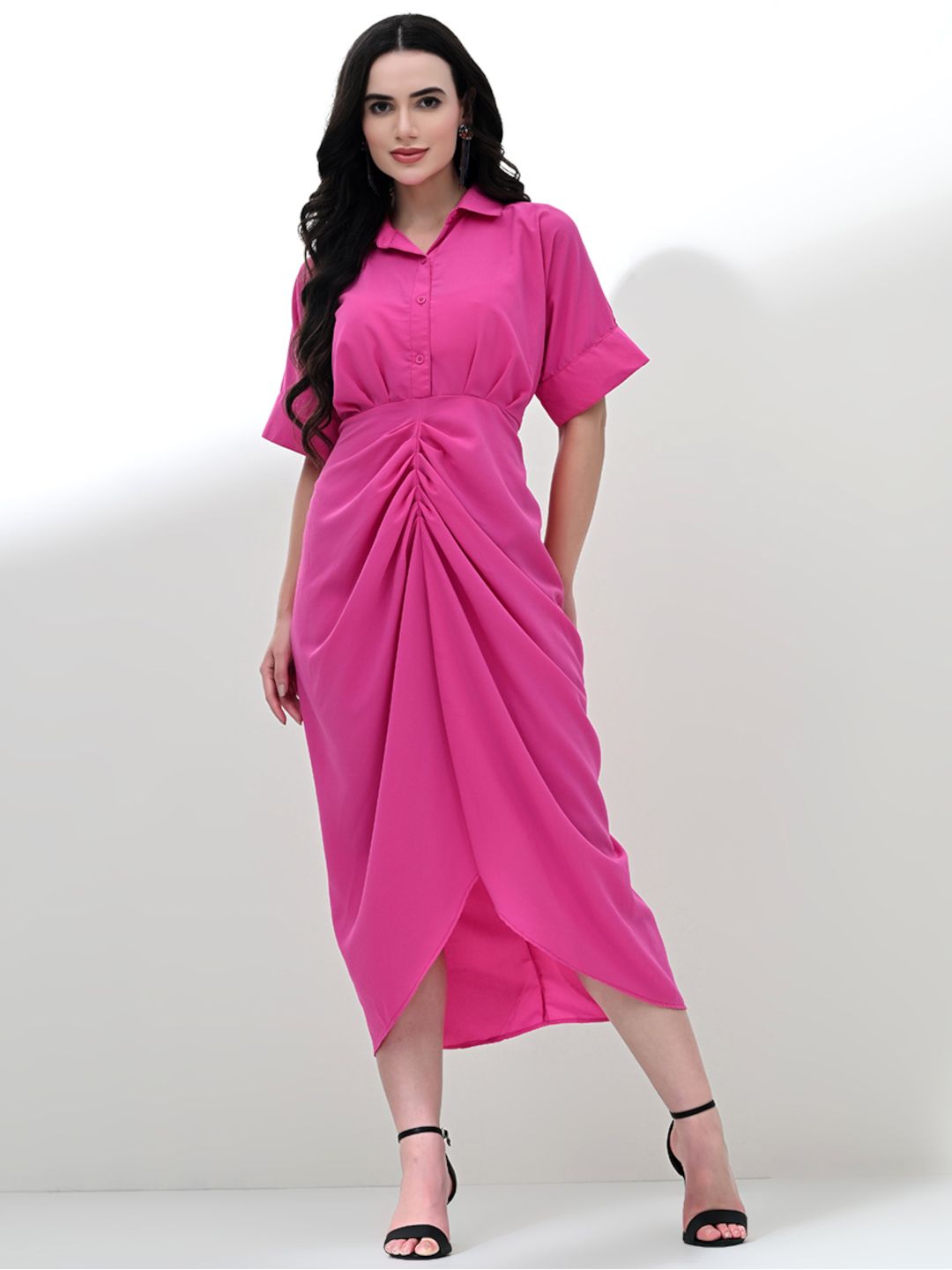 Chic Draped Shirt Dress with Waist Belt in Pink