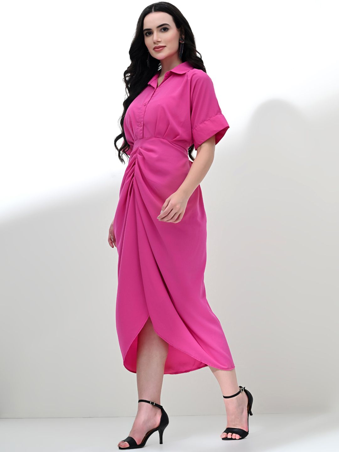 Chic Draped Shirt Dress with Waist Belt in Pink