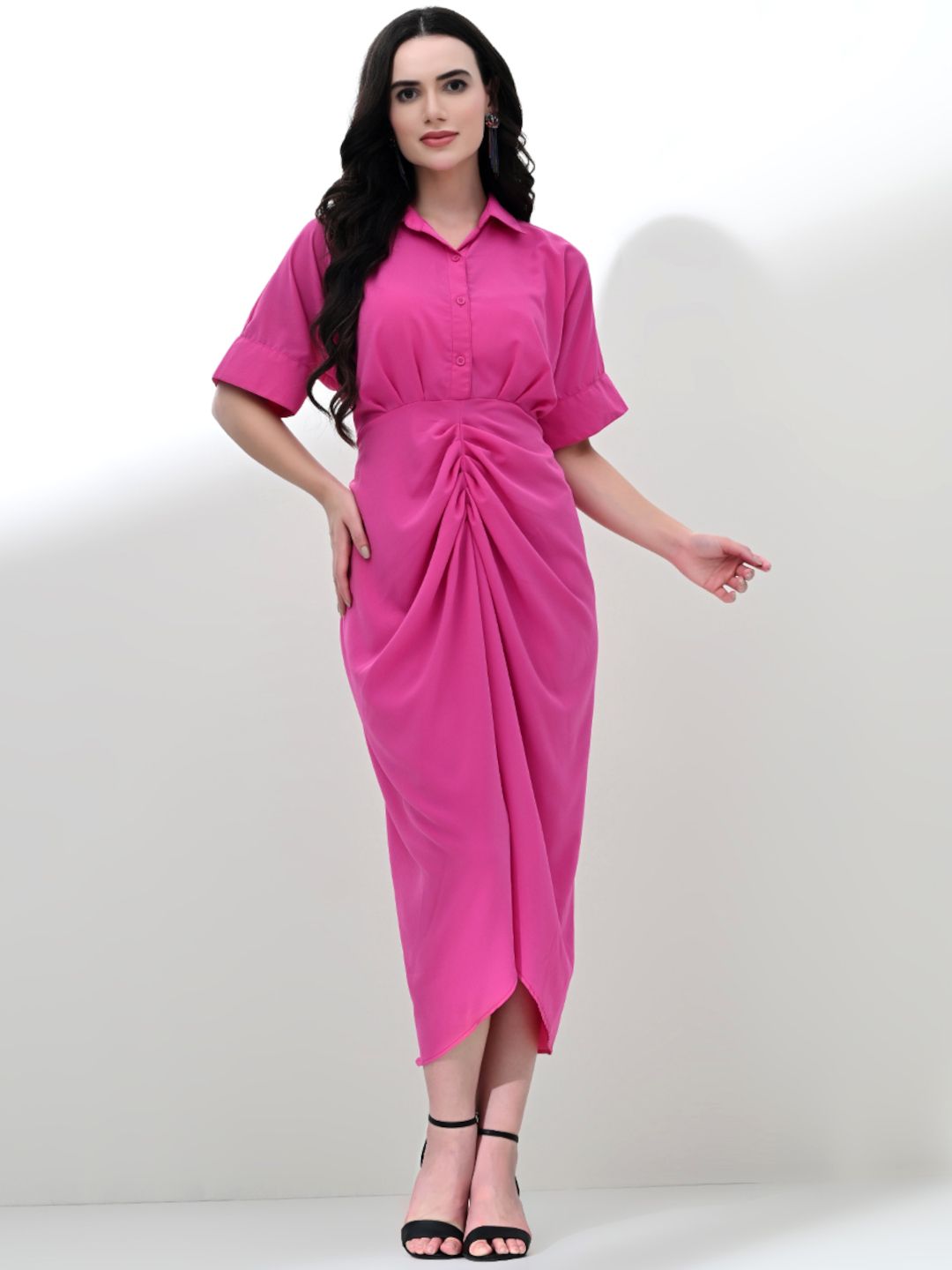 Chic Draped Shirt Dress with Waist Belt in Pink