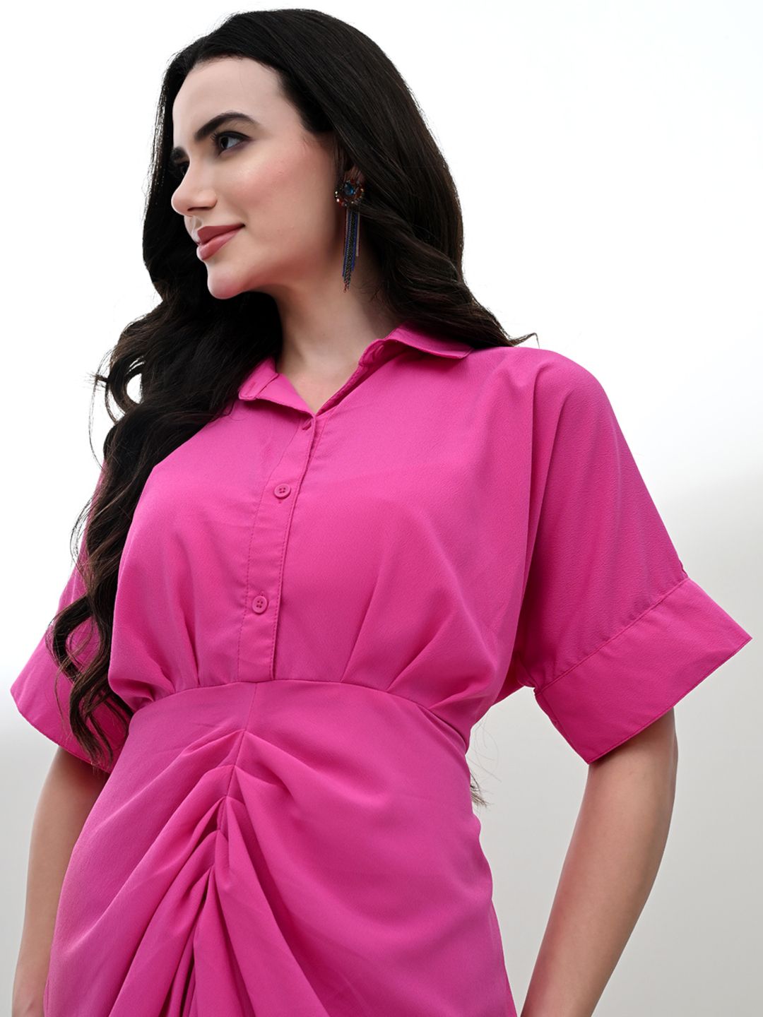 Chic Draped Shirt Dress with Waist Belt in Pink