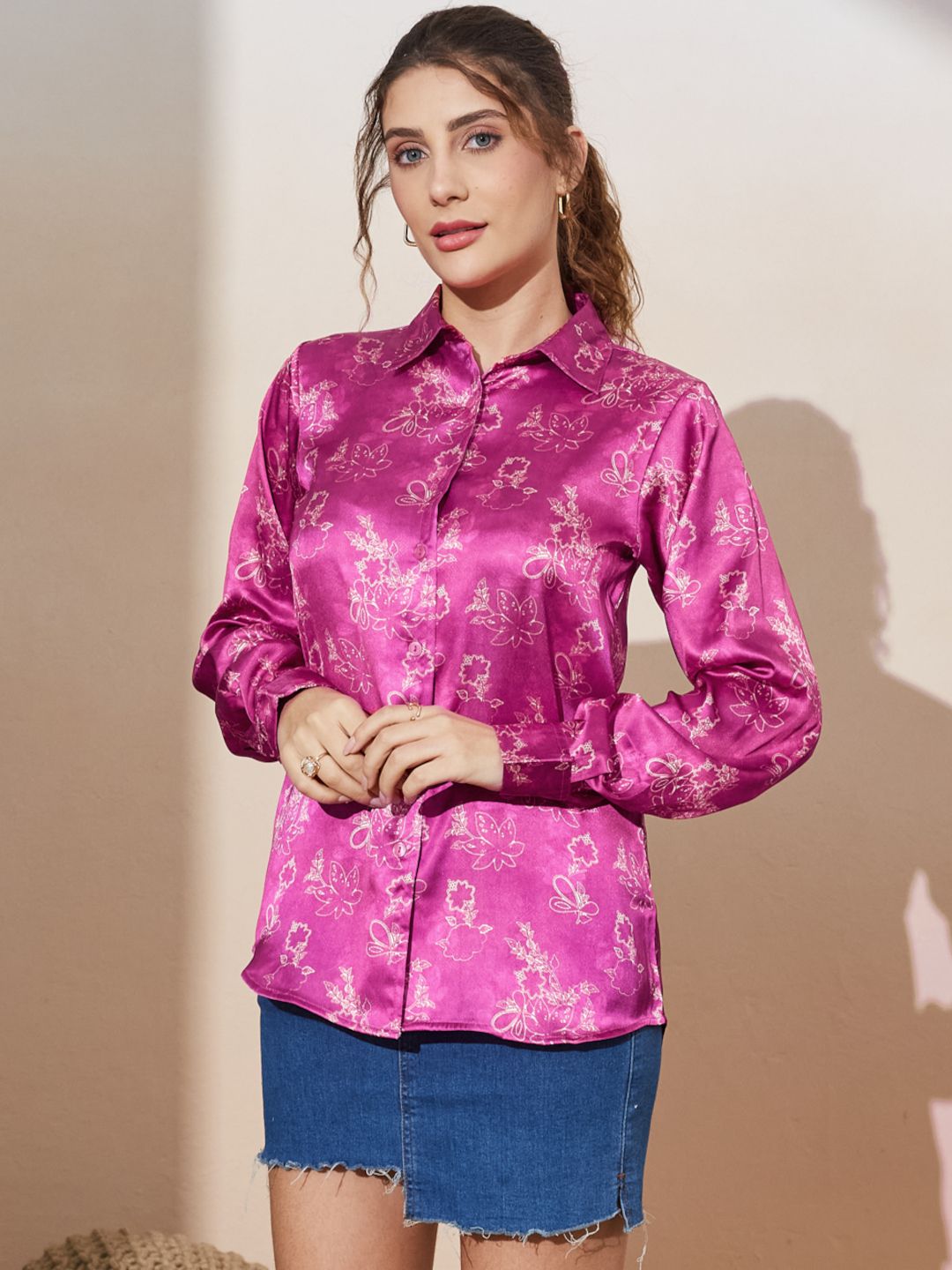 Women's Printed Satin Button-Down Shirt