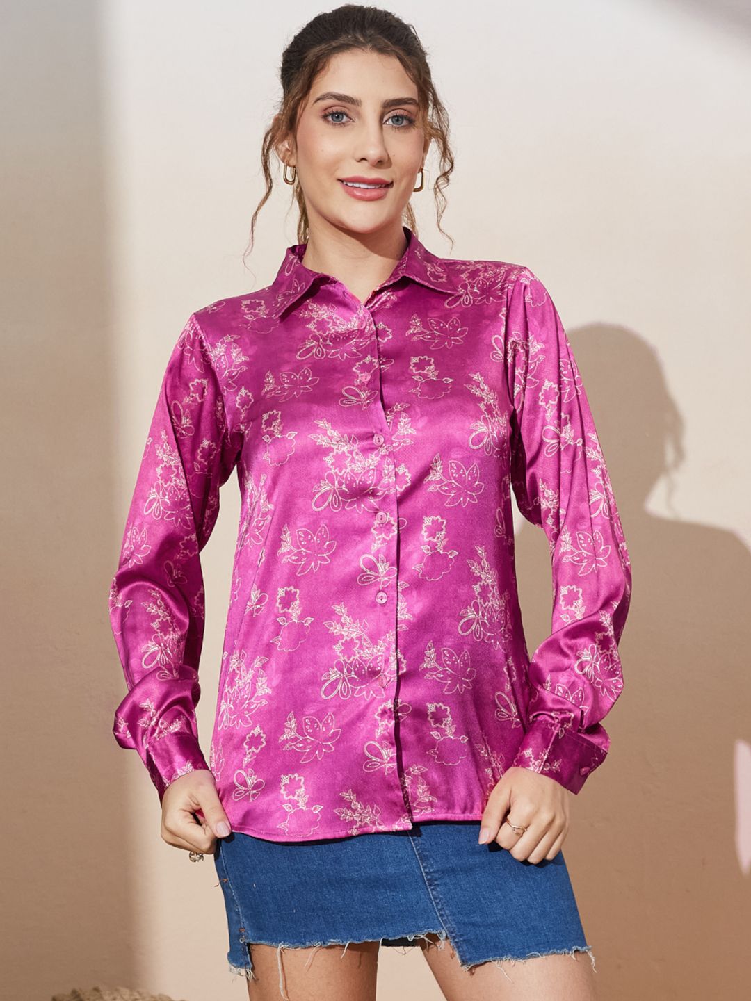 Women's Printed Satin Button-Down Shirt