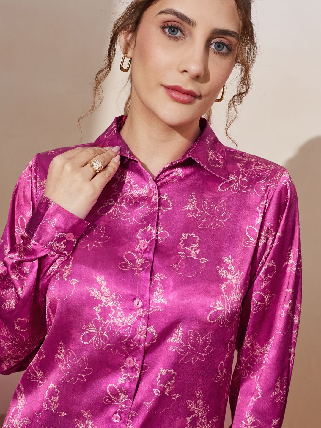 Women's Printed Satin Button-Down Shirt