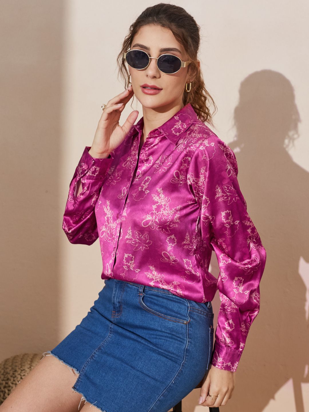 Women's Printed Satin Button-Down Shirt