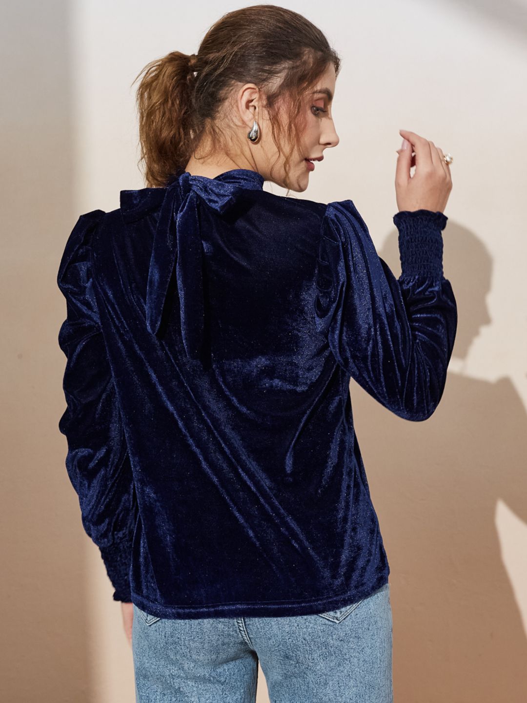 Blue Balloon Sleeve Velvet Top