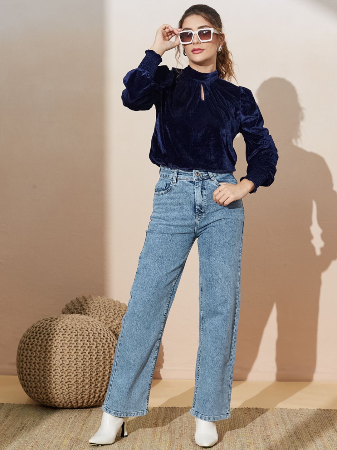 Blue Balloon Sleeve Velvet Top