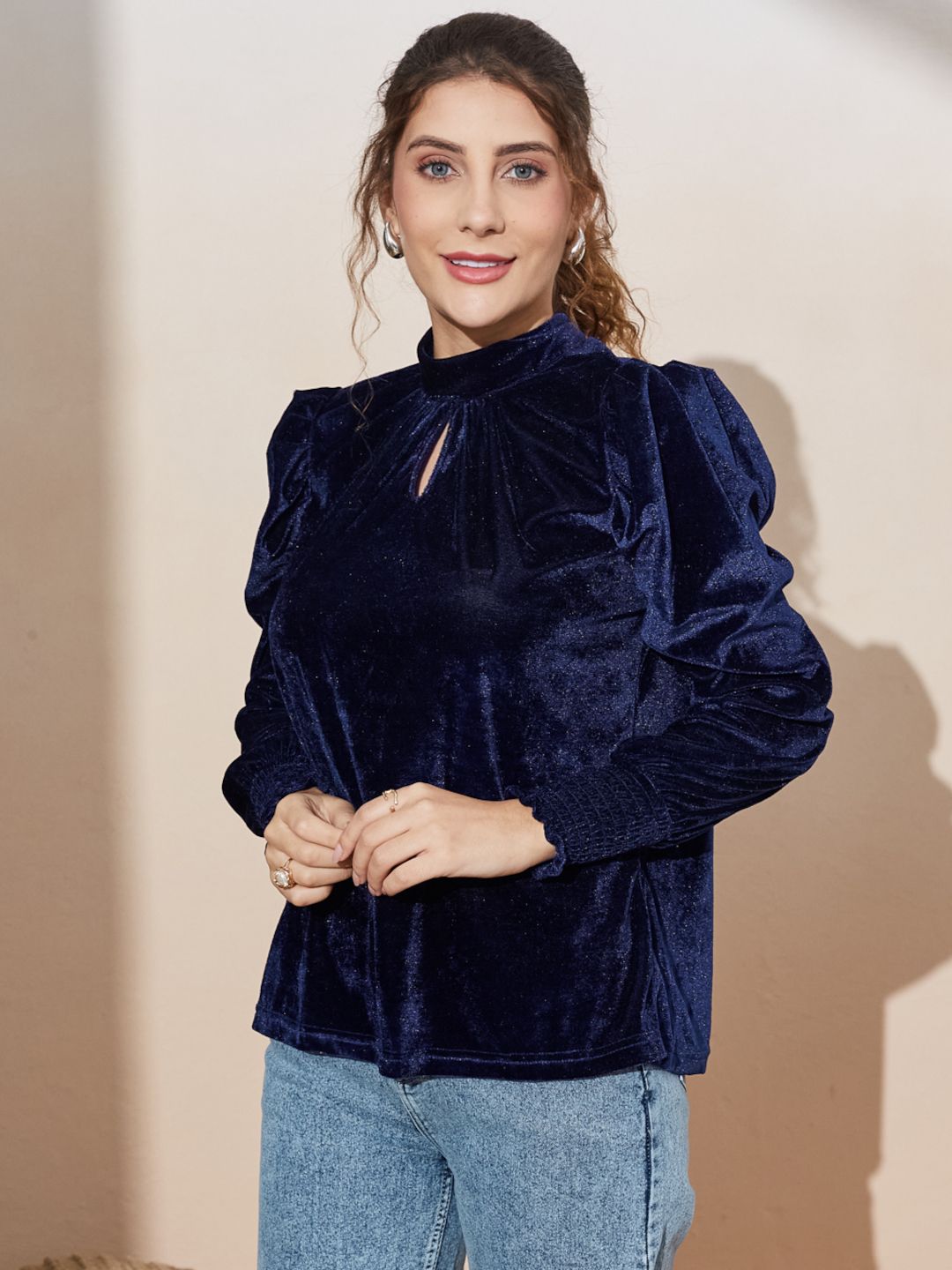 Blue Balloon Sleeve Velvet Top