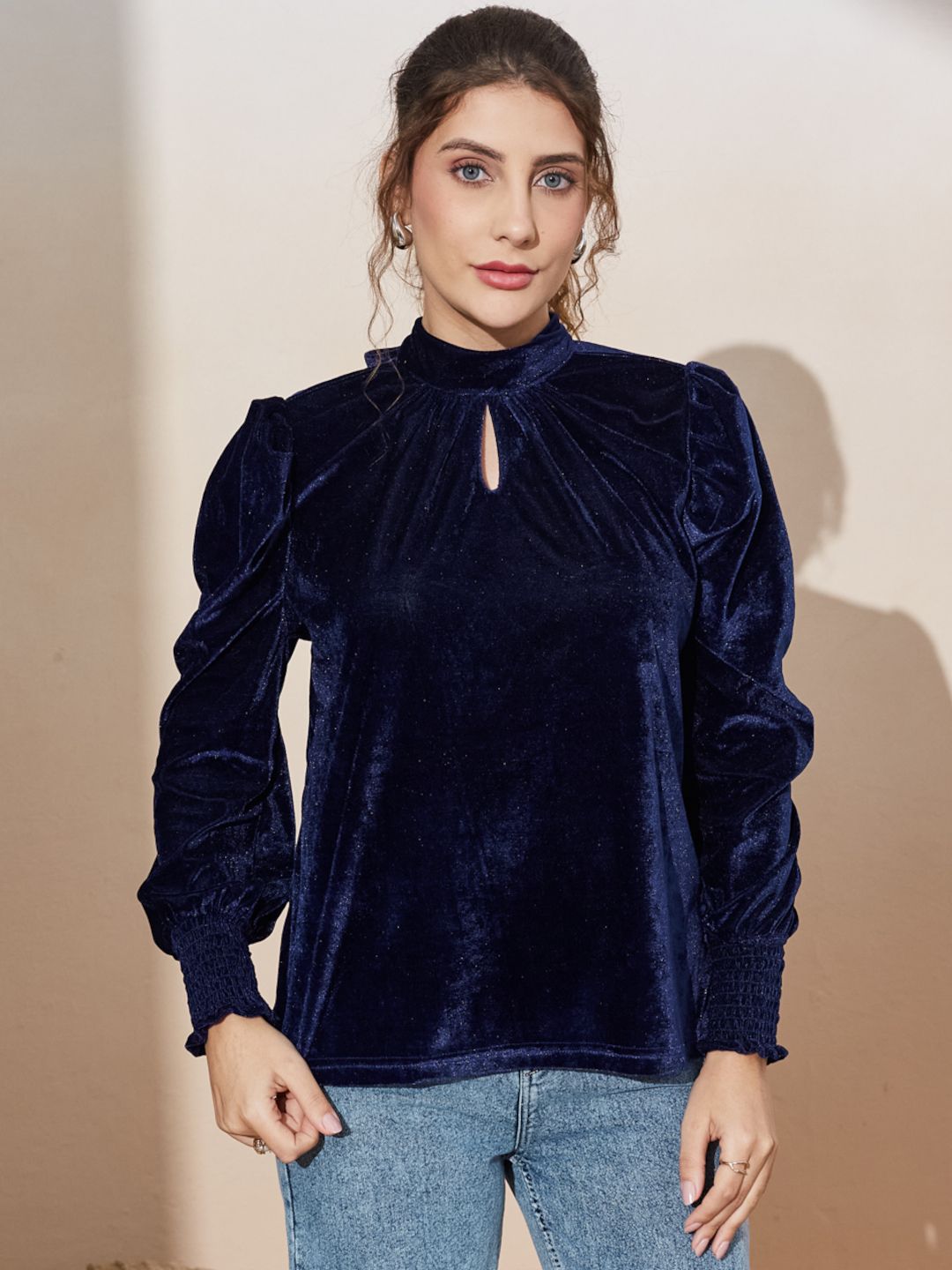 Blue Balloon Sleeve Velvet Top