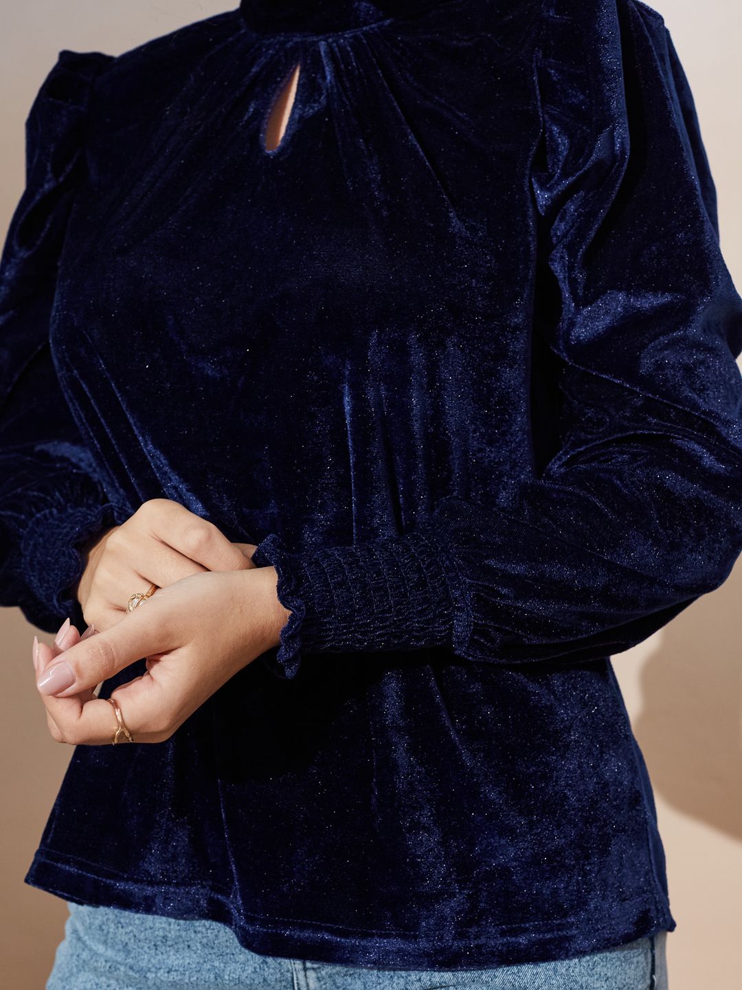 Blue Balloon Sleeve Velvet Top