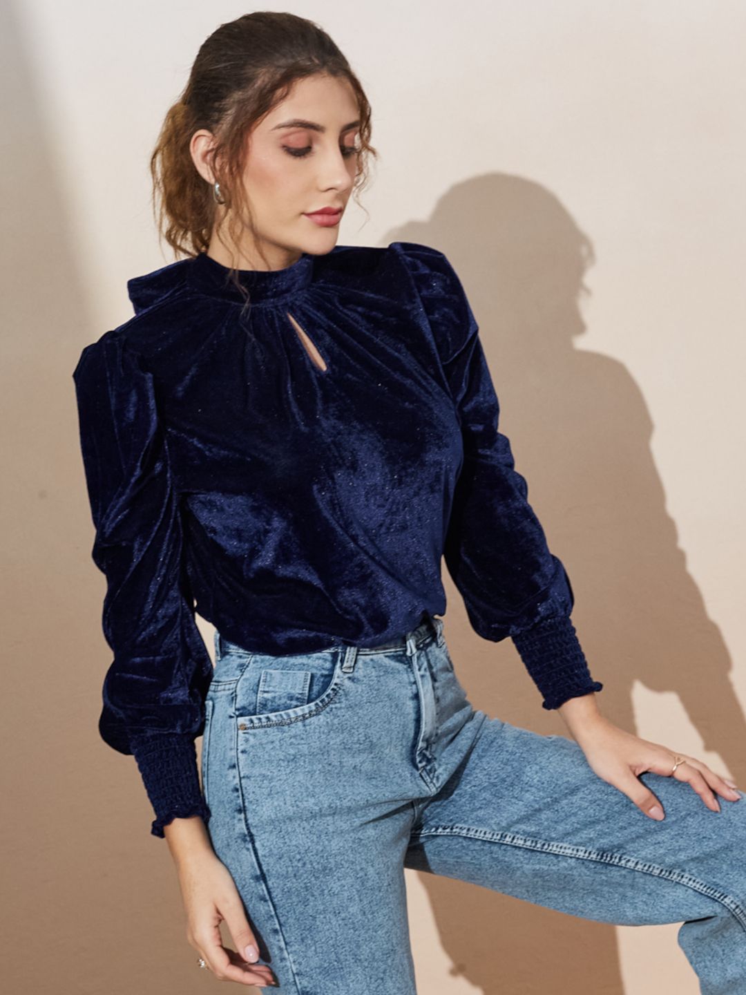 Blue Balloon Sleeve Velvet Top
