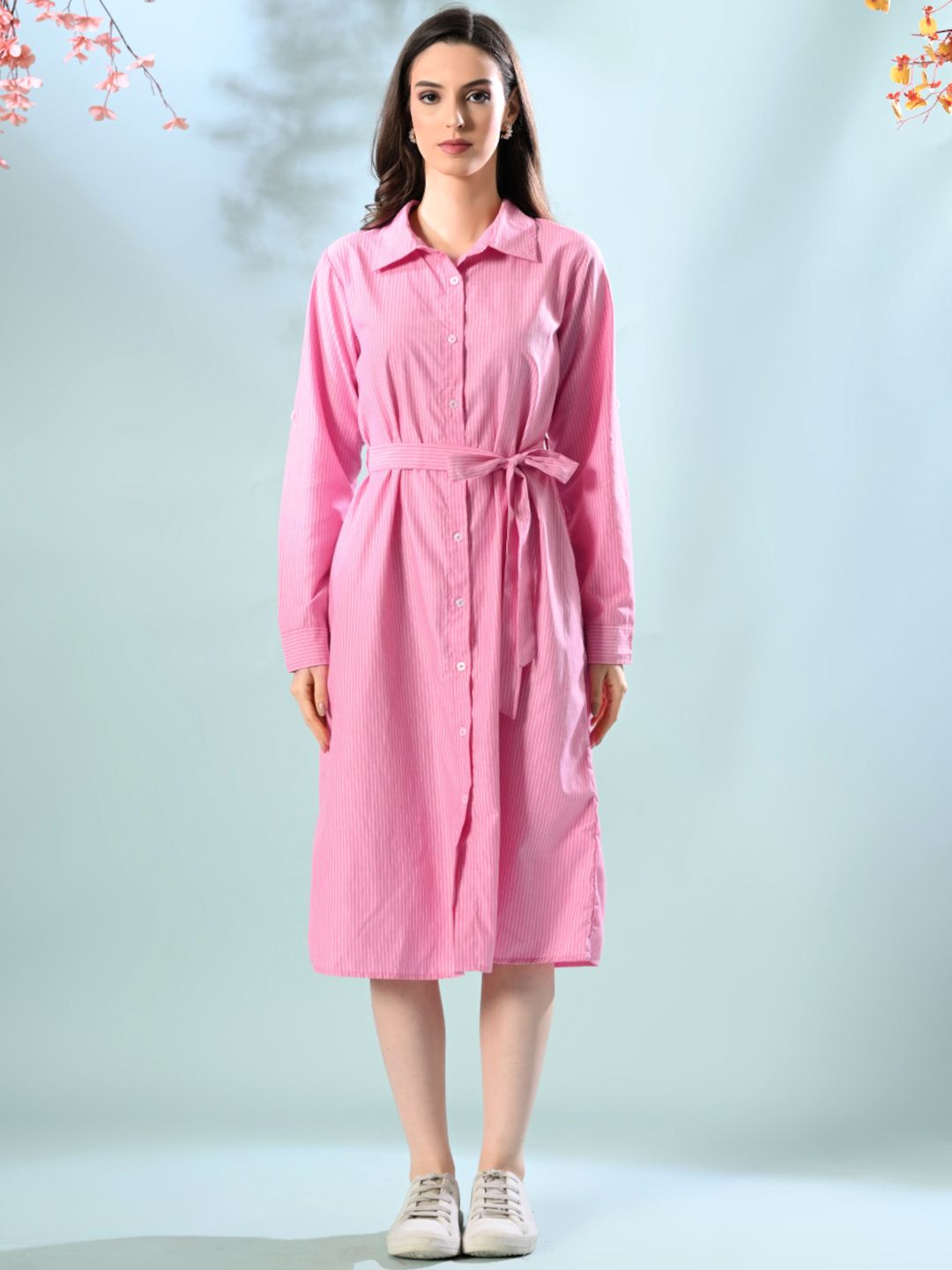 Classic Striped Shirt Dress with Waist Tie-Belt