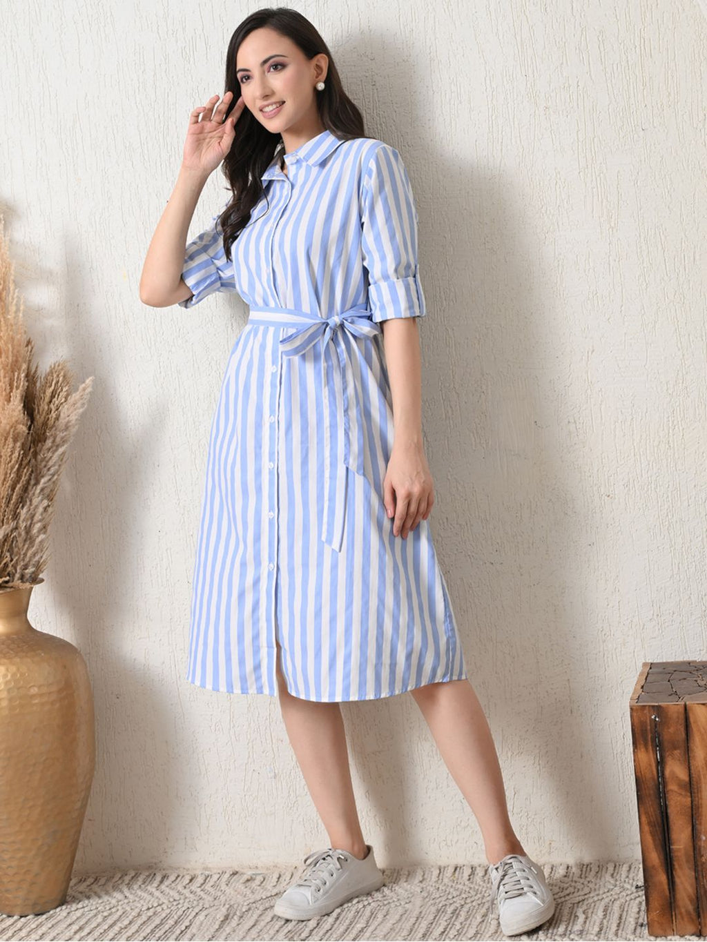 Casual Striped Button-Down Shirt Dress for Women