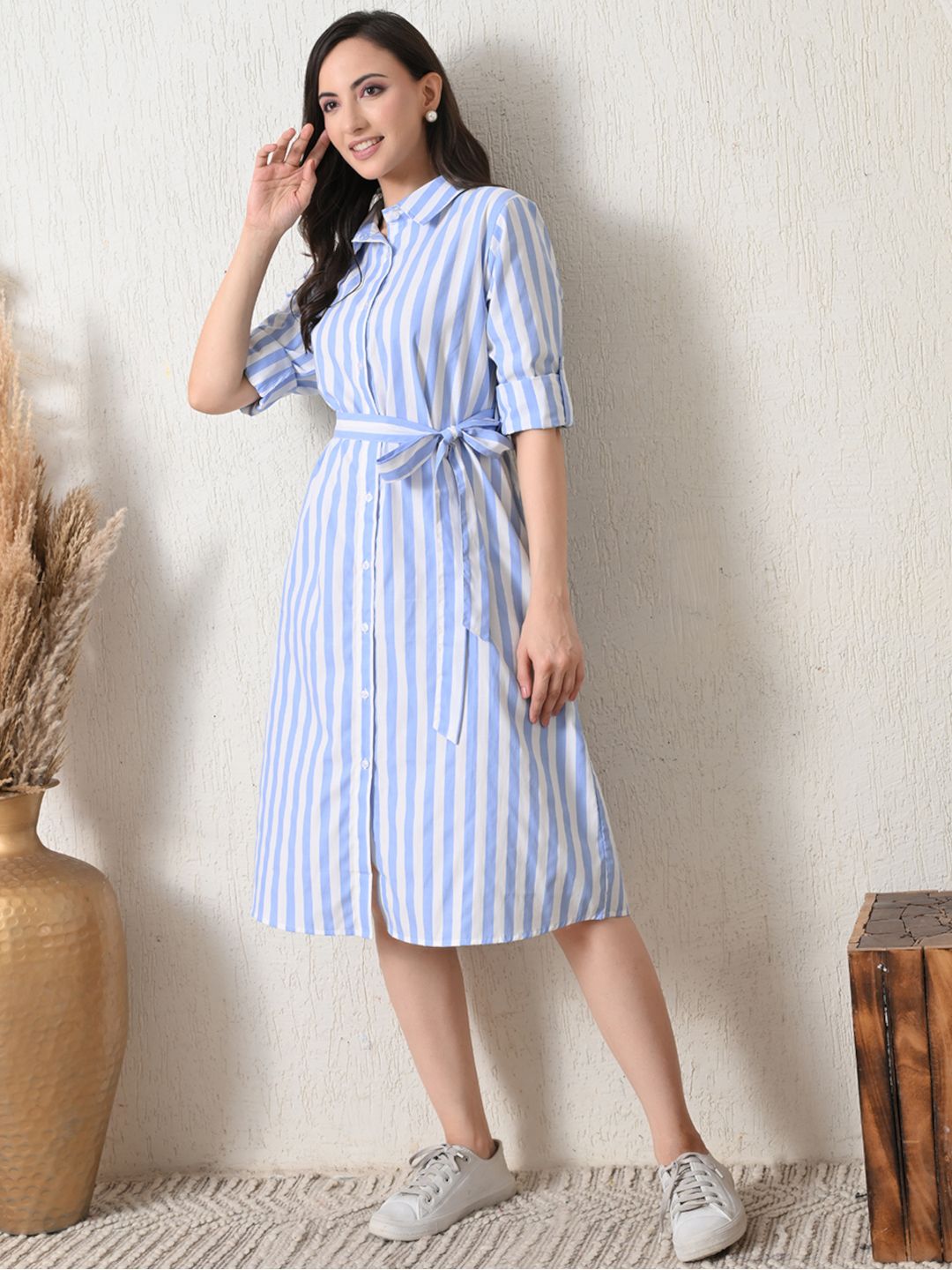 Casual Striped Button-Down Shirt Dress for Women
