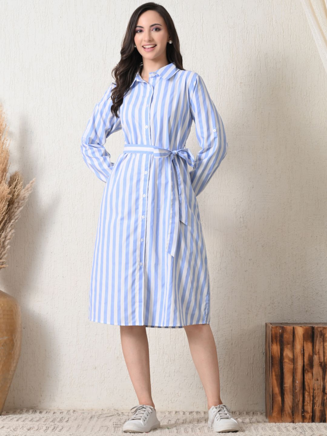 Casual Striped Button-Down Shirt Dress for Women