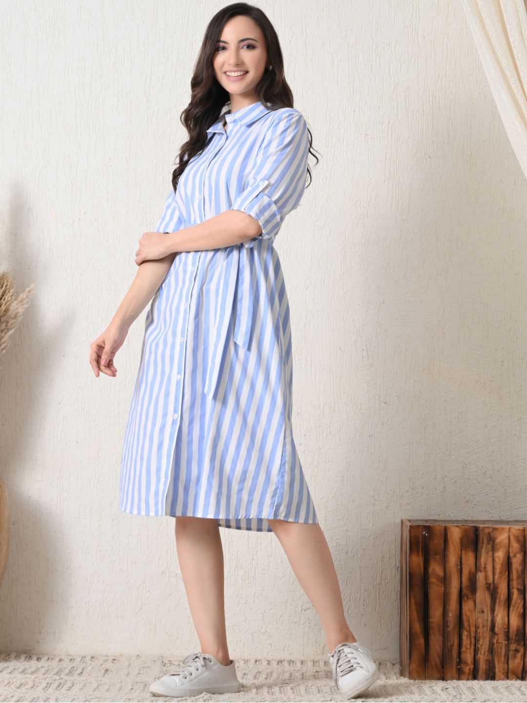 Casual Striped Button-Down Shirt Dress for Women