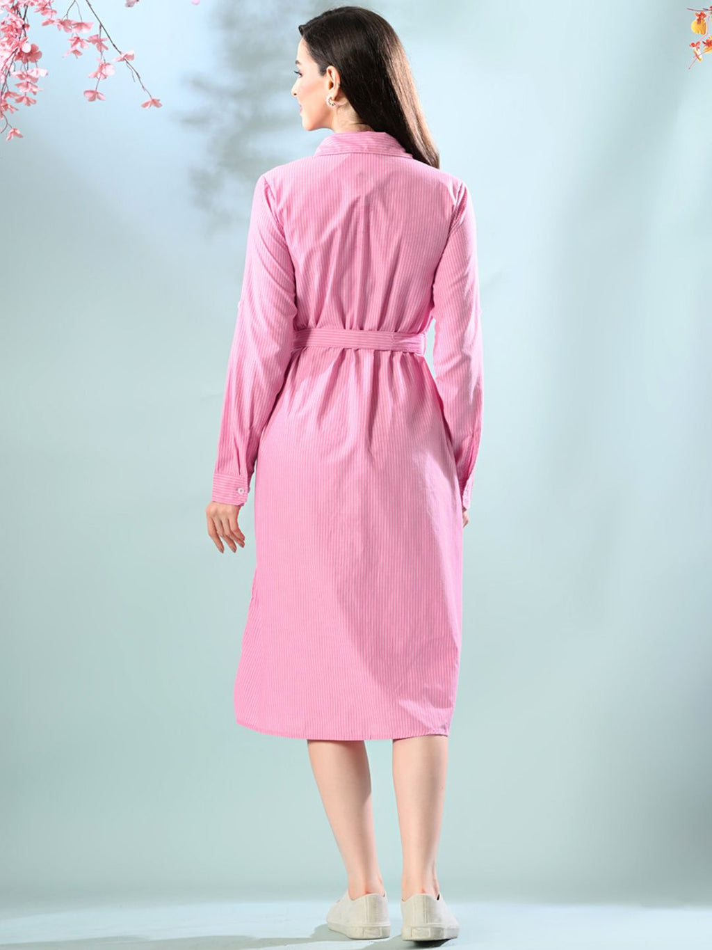 Classic Striped Shirt Dress with Waist Tie-Belt