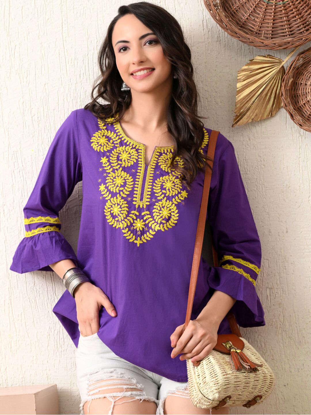 V-Cut Neck Floral Embroidered Tunic