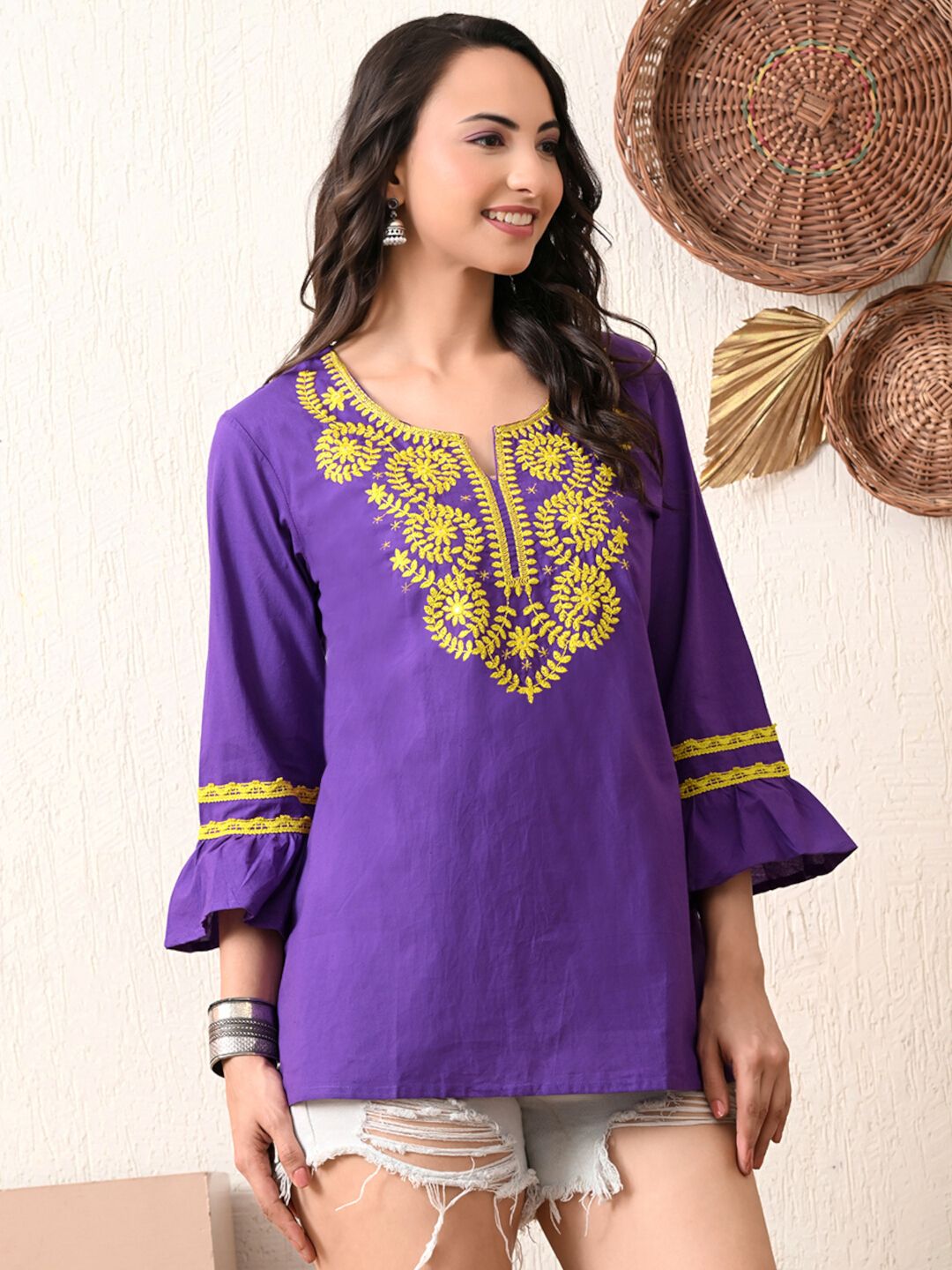 V-Cut Neck Floral Embroidered Tunic