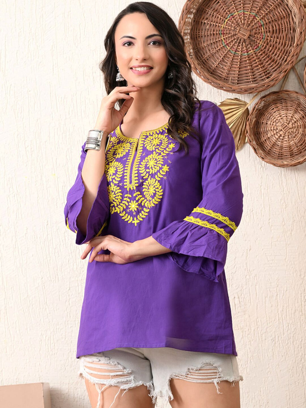 V-Cut Neck Floral Embroidered Tunic