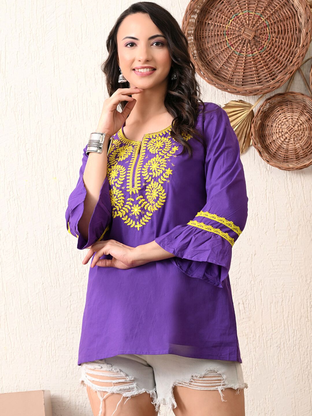 V-Cut Neck Floral Embroidered Tunic