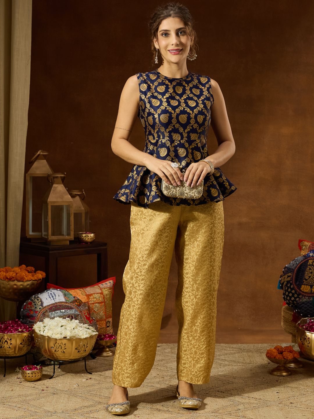 Women Classic Brocade Peplum Top