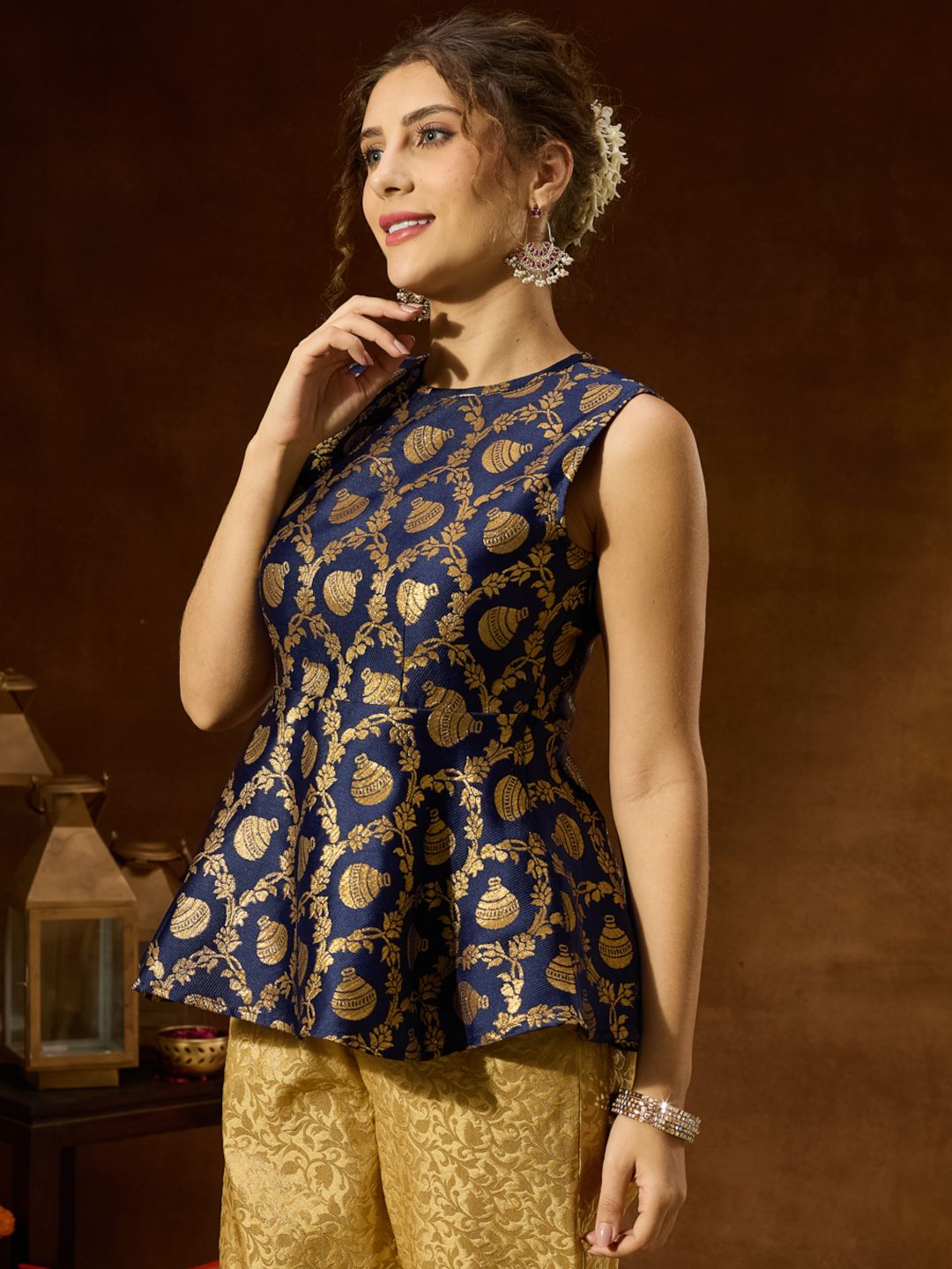 Women Classic Brocade Peplum Top