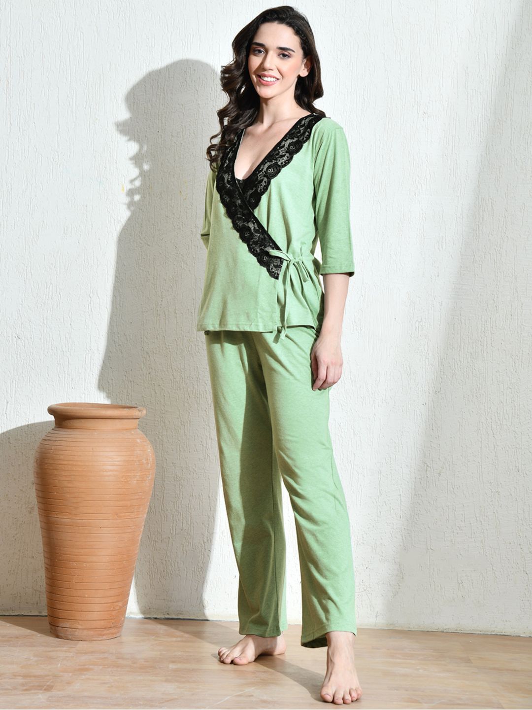Elegant Lace Trim Jersey Nightwear Set for Women