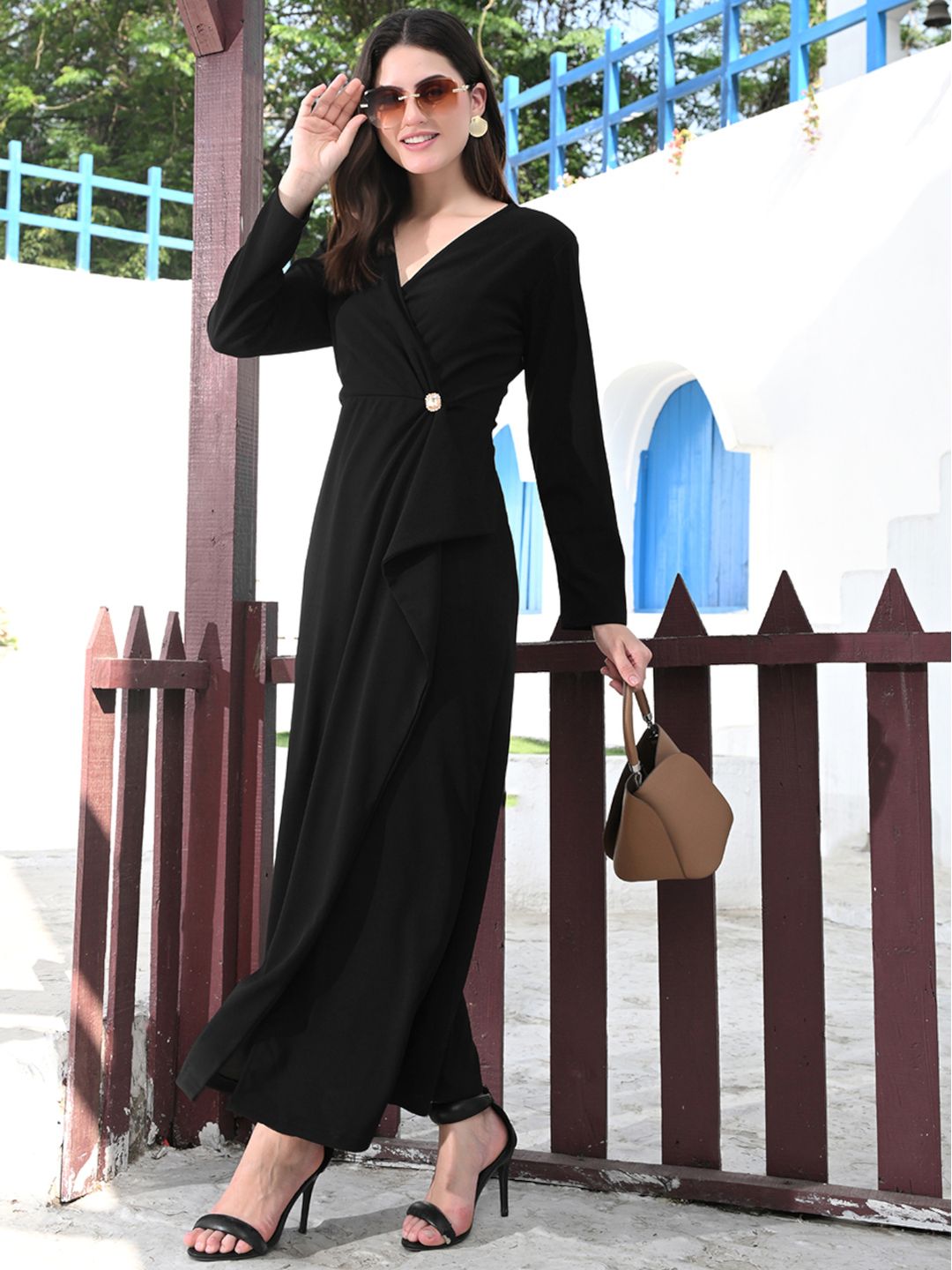 Women's Asymmetrical Ruffled Brooch Maxi Dress