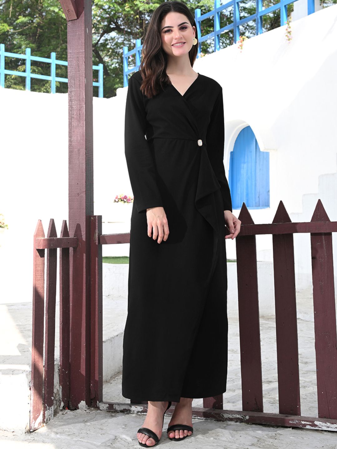 Women's Asymmetrical Ruffled Brooch Maxi Dress